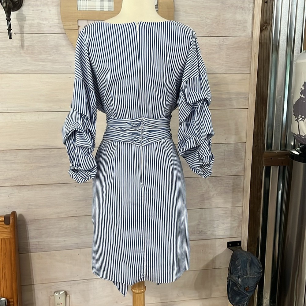 Adrianna Papell Blue and White Striped Long Sleeve Dress 8 - Picture 3 of 4